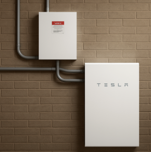 Tesla Powerwall Installed on a residential home wall in the garage.